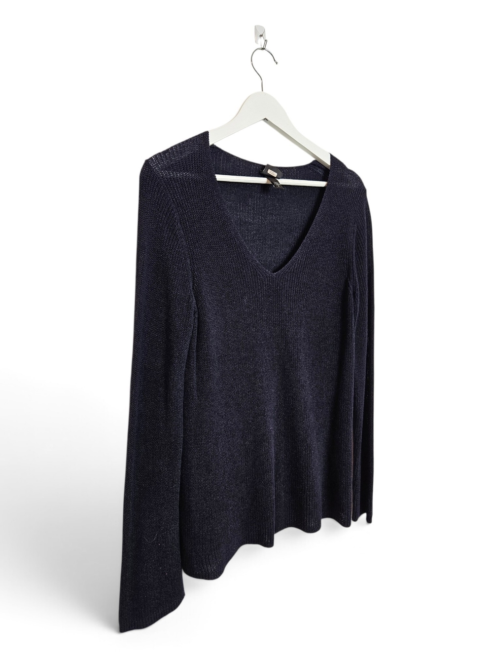 Eileen Fisher Sweater Size S Deep V-Neck Silk Blend Lightweight Knit Navy Blue
